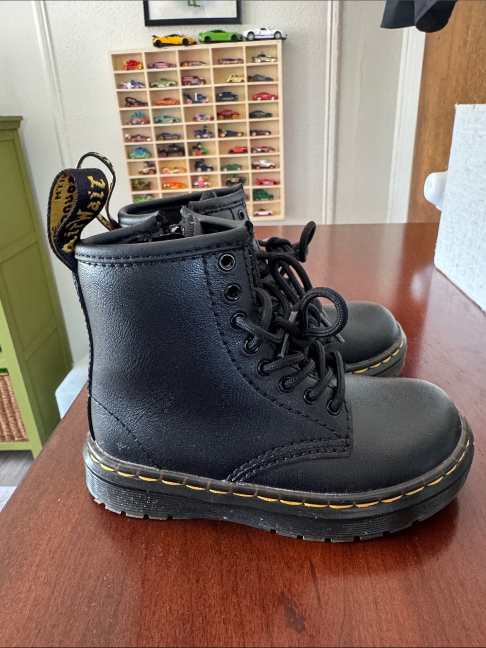 Dr. Martens Black Leather Lace-Up Boots with Yellow Stitching